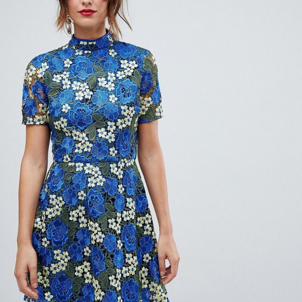 ASOS Design Bright Floral Crochet Lace Dress | Blue + Green + Gold